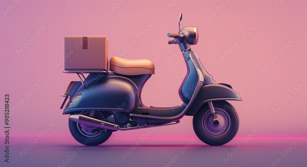 A classic delivery scooter with a cardboard box strapped on the back, isolated against a pink background A classic delivery scooter with a cardboard box strapped on the back, isolated against a pink background