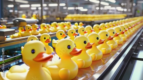 An endless looping animation of yellow rubber ducks moving constantly on a conveyor belt. Factory of kids toys. Packed ducks in the background. resolution.