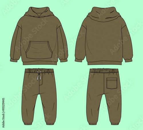 Boys drop shoulder inject terry fleece olive hoodie and elastic cuff jogger flat sketch outline vector fashion illustration template. 