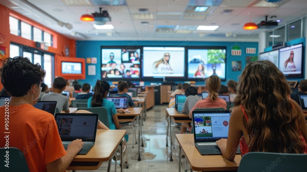 Displays a classroom with students using tablets and laptops for digital learning sessions. Displays a classroom with students using tablets and laptops for digital learning sessions.