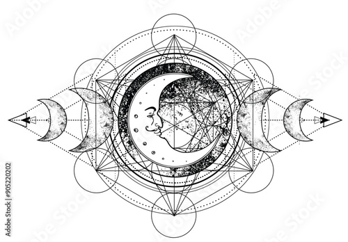 Triple moon pagan Wicca moon goddess symbol. Three-faced Goddess Maiden - Mother - Crone vector illustration. Tattoo, astrology, alchemy, boho and magic symbol. Coloring book.