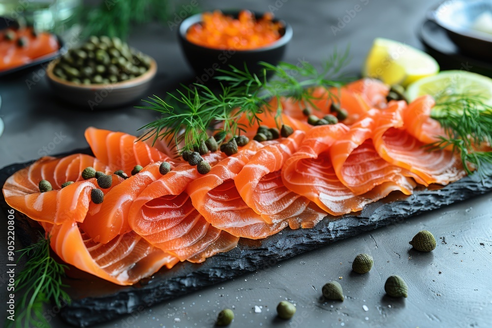 A close-up view of a black slate plate filled with thin slices of smoked salmon topped with capers and dill