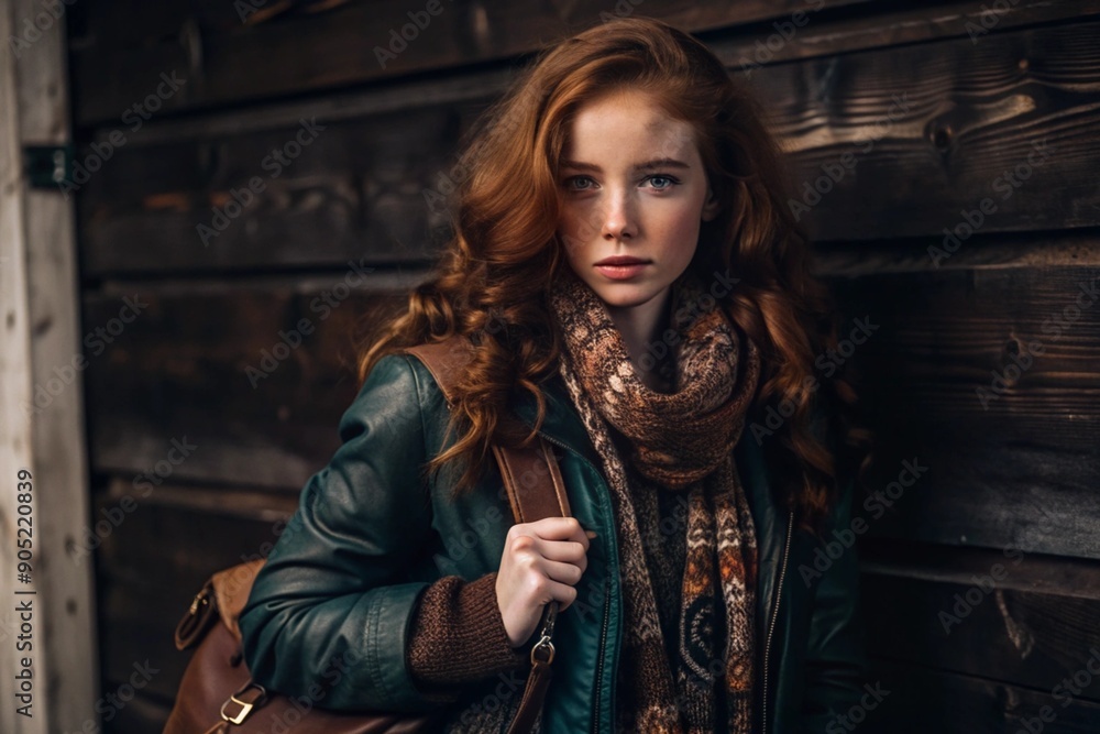 Autumn portrait. Close-up of a young red-haired woman with expressive green eyes in a brown leather jacket and turquoise scarf. Autumn portrait. Close-up of a young red-haired woman with expressive green eyes in a brown leather jacket and turquoise scarf.