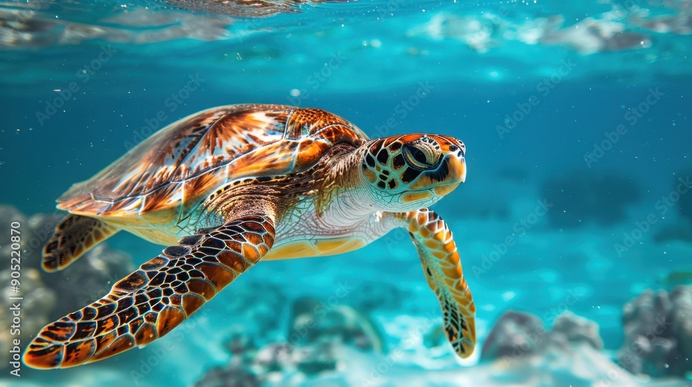 Fototapeta premium Turtle swimming gracefully in a crystal-clear blue sea, showcasing the beauty of marine life and the clean ocean environment.
