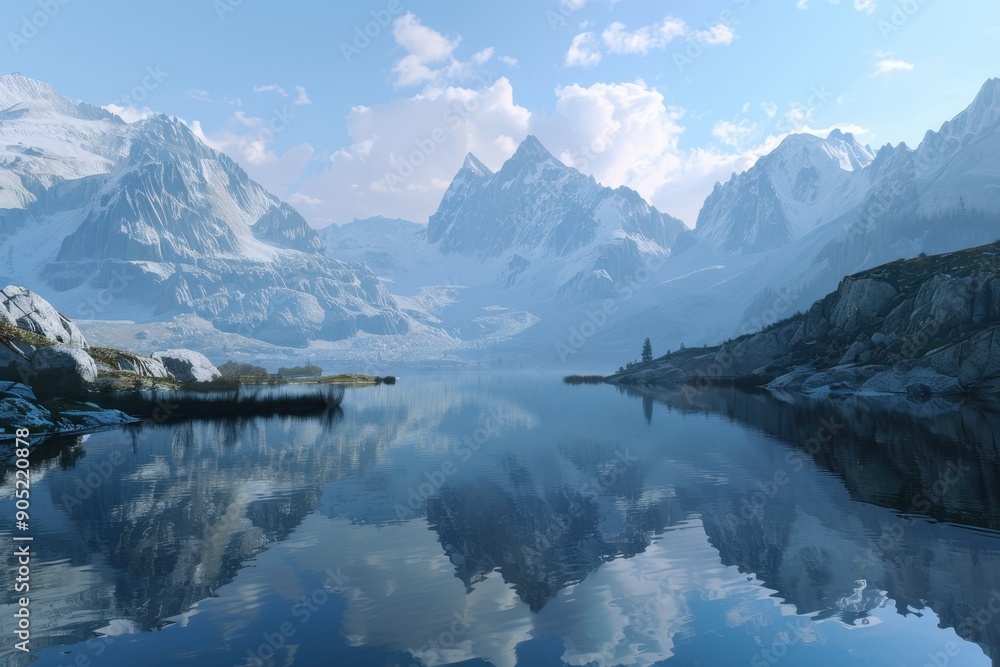 A still mountain lake reflects a snow-capped mountain range under a blue sky. A still mountain lake reflects a snow-capped mountain range under a blue sky.