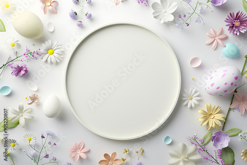 Easter table setting, Easter food background. Easter arrangements: a circle of celebration. Top view photo of Easter eggs