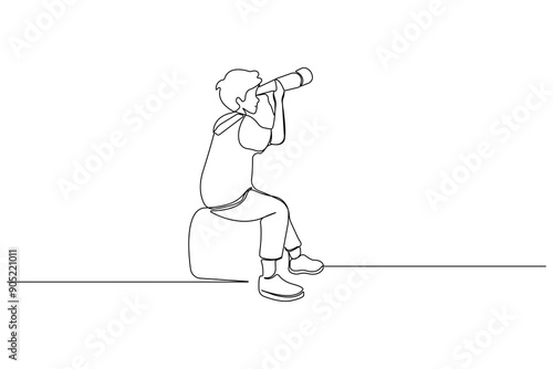 Young boy sitting and looking through Telescope one line art drawing.	Vector illustrations.