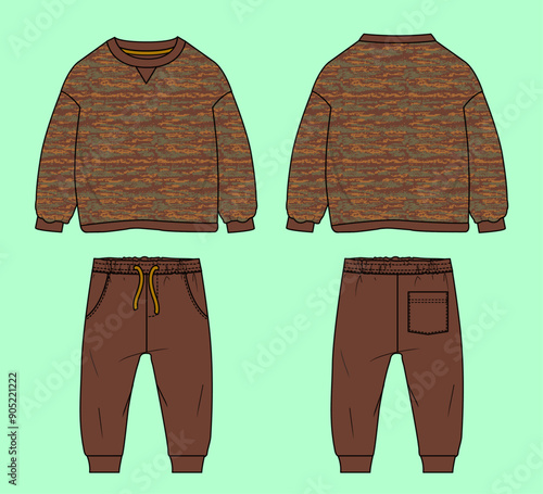 Boys drop shoulder terry fleece camo pattern sweatshirt and cuff solid jogger flat sketch outline vector fashion illustration template.