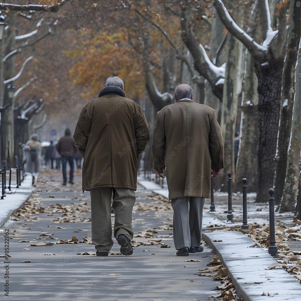 Two Elderly Men Walking on a Snowy Path in the Winter Two Elderly Men Walking on a Snowy Path in the Winter