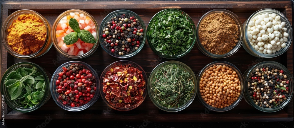Assortment of Spices in Glass Jars on a Wooden Tray Assortment of Spices in Glass Jars on a Wooden Tray