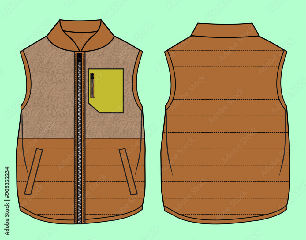 Ταπετσαρία Boys and Mens quilting and borg zip though funnel neck gilet outerwear vest flat sketch outline vector fashion illustration template