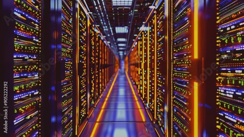 Flow of information moving through rack servers in a data center. rendering.