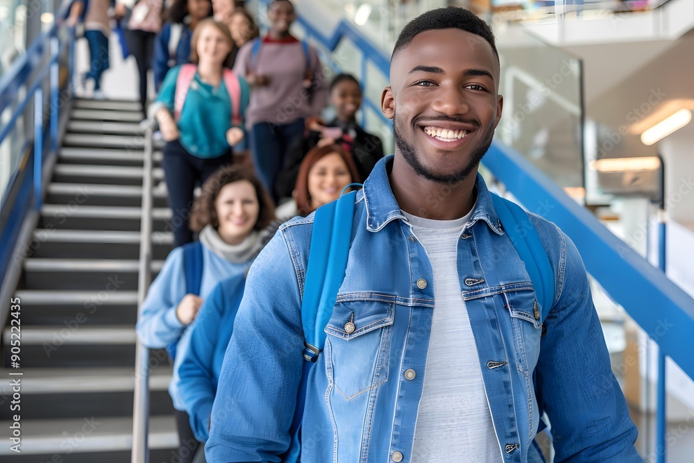 Fototapeta premium Smiling Student In A Denim Jacket Standing In A Line
