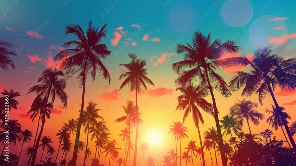 Silhouettes of palm trees against a colorful tropical sunset, creating a tranquil and picturesque scene. Silhouettes of palm trees against a colorful tropical sunset, creating a tranquil and picturesque scene.