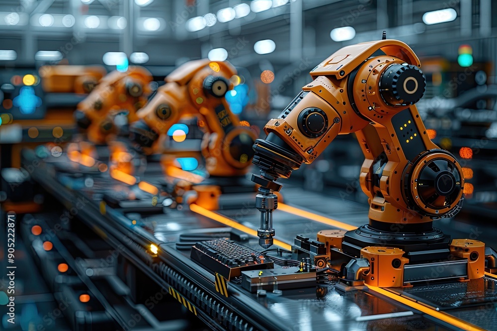 Worker monitoring automated machines, advanced technology factory Worker monitoring automated machines, advanced technology factory
