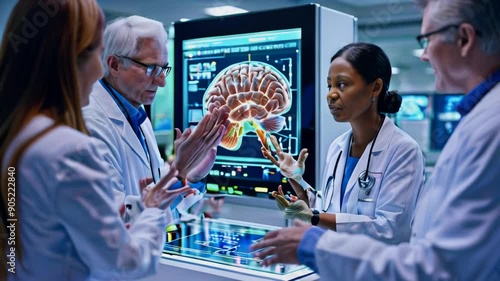 Focus on the hand gestures of colleagues gathered around an interactive touch screen table with an MRI scan of the brain displayed. Doctors are looking for a cure for Alzheimer's.