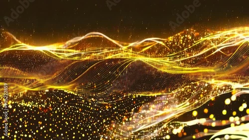 Digital cyberspace futuristic, gold color particles wave flowing with lines and dots, motion looping abstract background, Motion