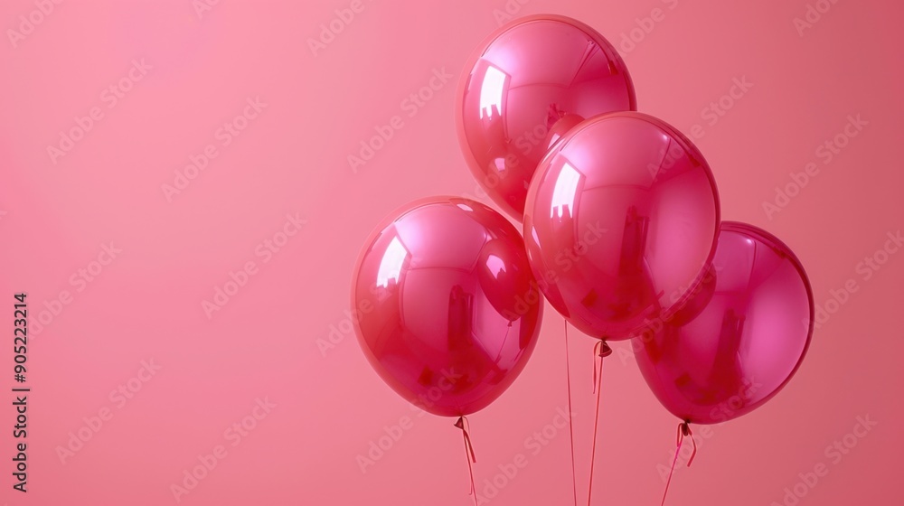 Four shiny pink balloons floating gracefully against a soft pink backdrop. Four shiny pink balloons floating gracefully against a soft pink backdrop.