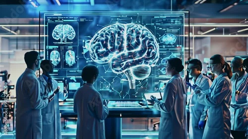 scientists discussing futuristic computer hologram animations of the human brain in a lab. Researchers controlling AI-powered projections with gestures.