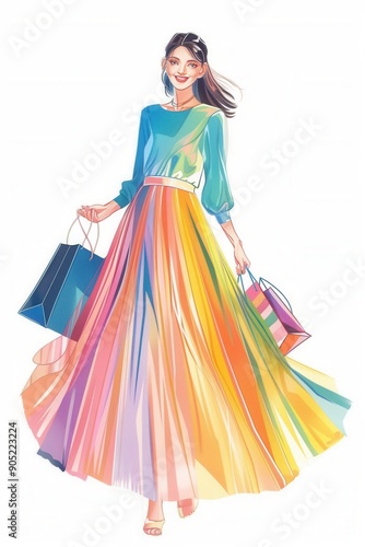 Artistic illustration of female shopping with shopping bags
