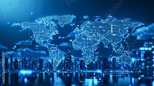 Cloud computing for data storage and transfer for safety, Cloud icon with data icon on a world map background, Futuristic global network data connection.security digital background.