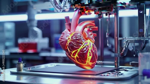 Printer Making Human Heart Working Process Illustration. Modern Medical Automatic Production Technology Concept. Beautiful Animation Time-Lapse .