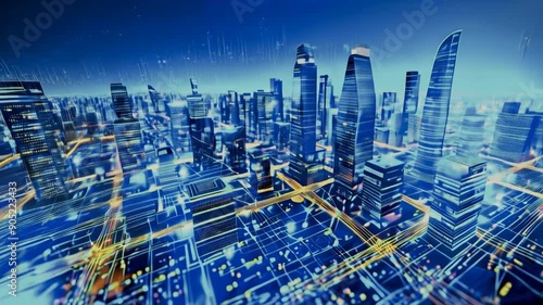 Digital smart city cityscape. Global communications and networking. Cyberspace in big cities. Futuristic High-speed Big Data internet connection technology network. illustration.