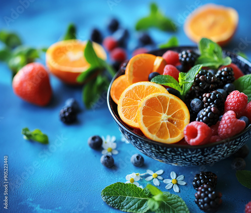 Plate with berries and fruit on a bright blue background, rich juicy colors. Close up.