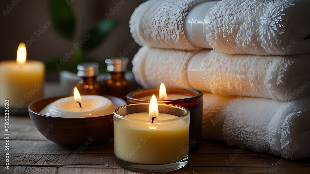 Spa setting with candles, towels, and essential oils Spa setting with candles, towels, and essential oils