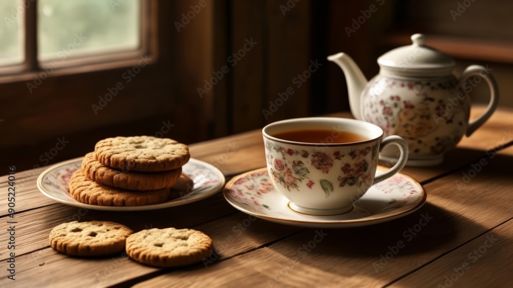Fototapeta premium Cozy afternoon tea setting with biscuits and floral tea set