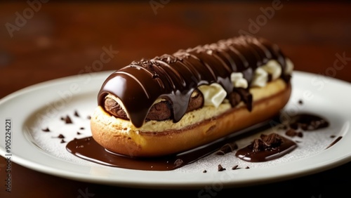  Indulgence on a plate  Chocolatedipped eclair with a creamy center photo