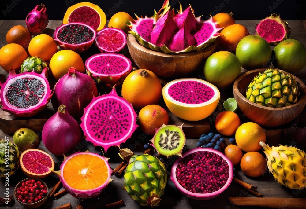 vibrant display exotic fruits spices showcasing colorful varieties unique textures bountiful arrangement, tropical, fresh, juicy, ripe, natural, organic vibrant display exotic fruits spices showcasing colorful varieties unique textures bountiful arrangement, tropical, fresh, juicy, ripe, natural, organic