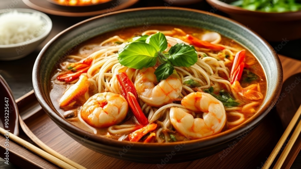 Delicious seafood noodle soup ready to be savored Delicious seafood noodle soup ready to be savored