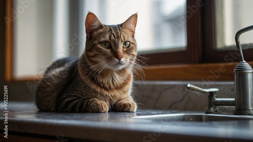 Whiskers and soft fur highlighted in a close-up of a cat with a blurred kitchen behind.