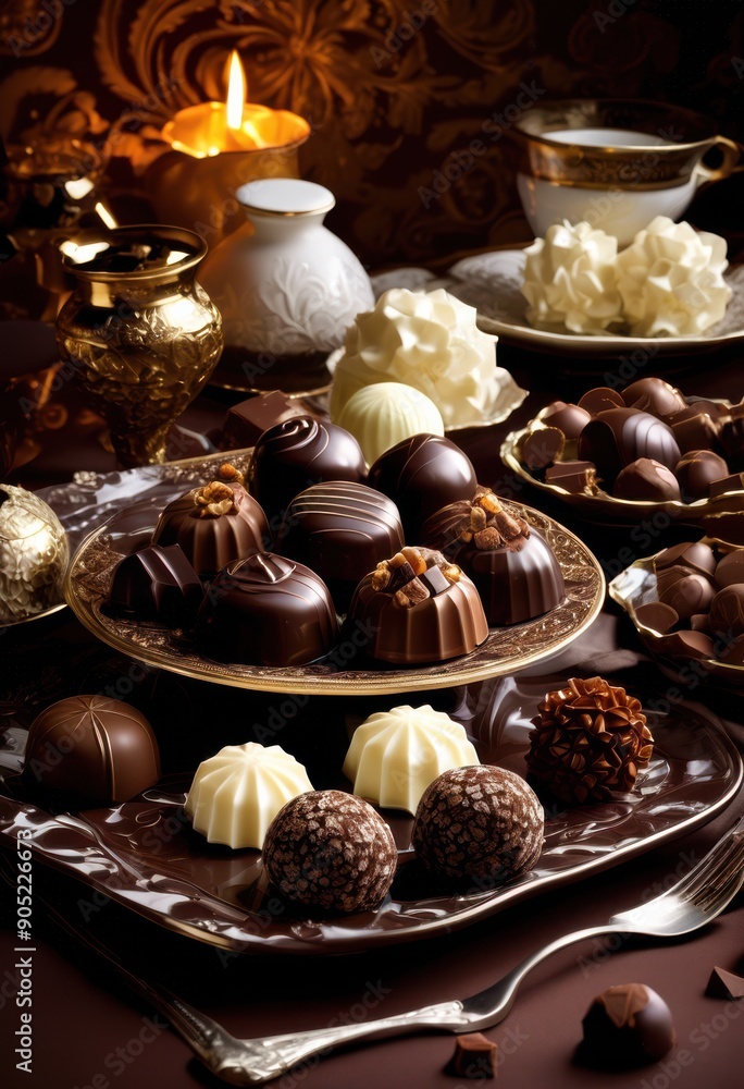 elegant display assorted chocolates artfully arranged fine dishware showcasing rich colors textures, assortment, arrangement, elegance, gourmet, dessert elegant display assorted chocolates artfully arranged fine dishware showcasing rich colors textures, assortment, arrangement, elegance, gourmet, dessert