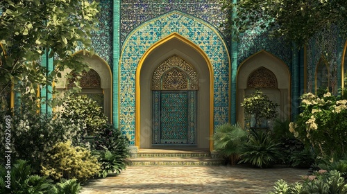 A grand turquoise door, adorned with intricate carvings, stands open, inviting visitors into a lush, mystical garden. The door is framed by arches and tiled walls with beautiful geometric patterns