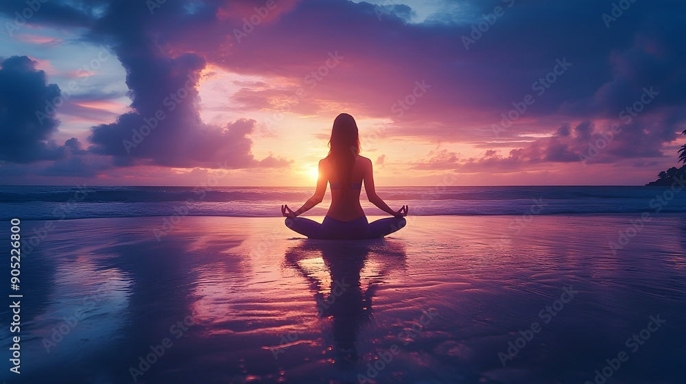 Silhouette of woman meditating on a beach at sunset. Silhouette of woman meditating on a beach at sunset.