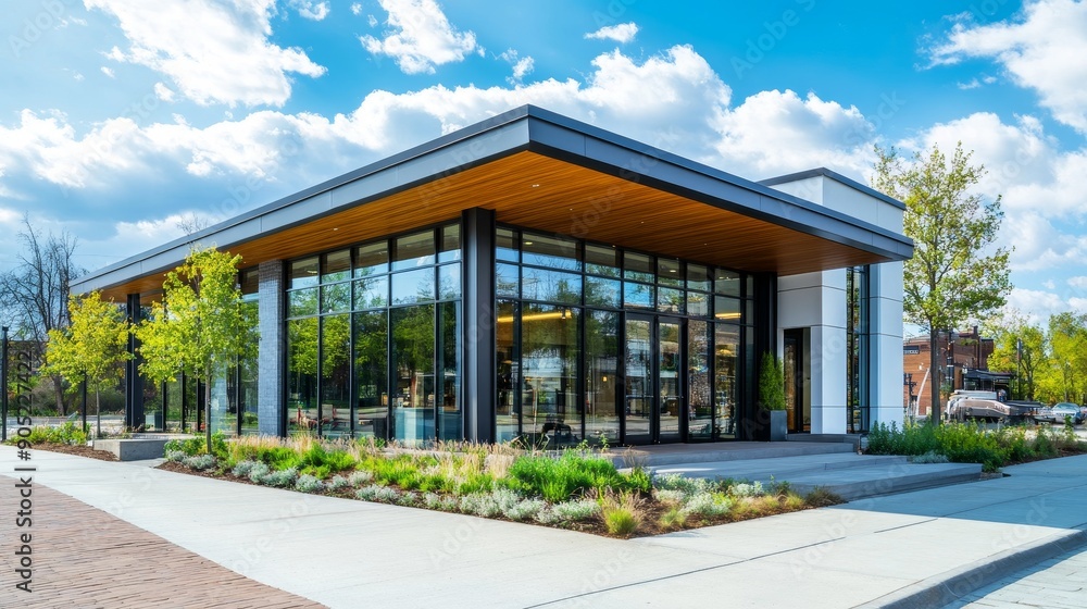 A modern retail store with a glass facade, showcasing a bright and welcoming interior, inviting customers to explore. The building features a sleek design with wood accents, a spacious entrance A modern retail store with a glass facade, showcasing a bright and welcoming interior, inviting customers to explore. The building features a sleek design with wood accents, a spacious entrance