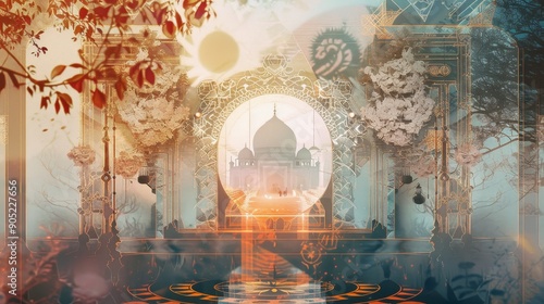 Wallpaper Mural A surreal landscape depicting a gateway leading to an ancient palace, symbolizing mystery, wonder, exploration, culture, and spirituality. Torontodigital.ca