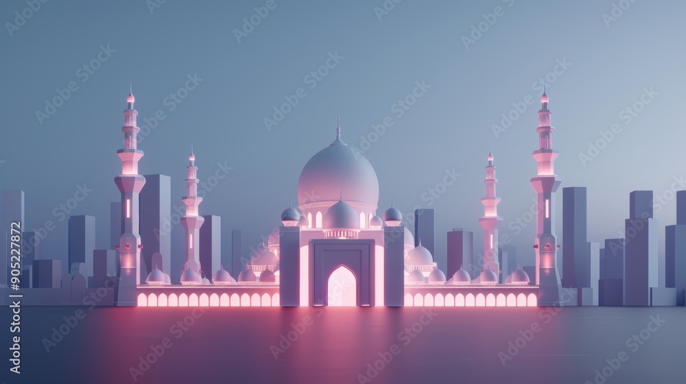 Obraz premium A beautifully crafted mosque, its domes and minarets glowing with neon lights, set against the energetic backdrop of a futuristic cityscape