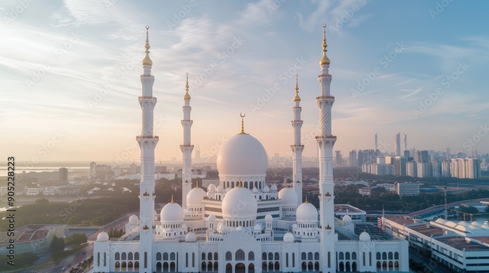 Obraz premium A bustling metropolis with a beautifully designed mosque at its center, the skyline filled with modern skyscrapers, and vibrant city life all around