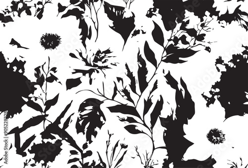 art vintage monochrome watercolor and graphic floral pattern with leaves on light background; Seamless Pattern; Illustration