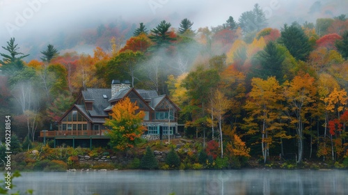 Fototapeta Naklejka Na Ścianę i Meble -  Vacation house with scenic view in Fall with colorful foliage by lake