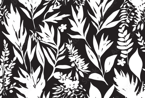 art vintage monochrome watercolor and graphic floral pattern with leaves on light background; Seamless Pattern; Illustration