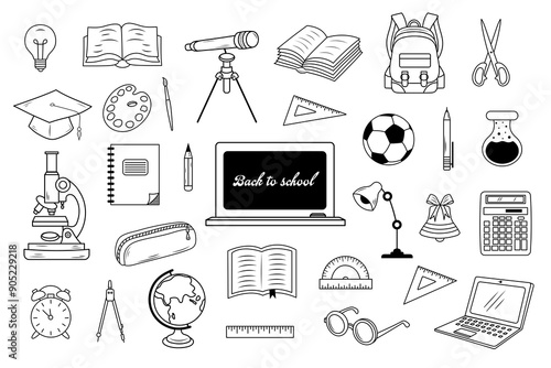 Back to school doodle icon set. Line art education icons. School supplies and stationery