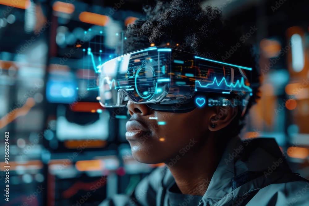A person wears sophisticated augmented reality glasses, surrounded by vibrant data displays, symbolizing the integration of cutting-edge technology in everyday life. A person wears sophisticated augmented reality glasses, surrounded by vibrant data displays, symbolizing the integration of cutting-edge technology in everyday life.