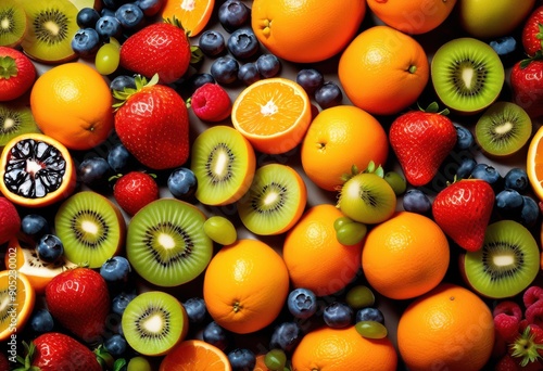 brightly colored fruit segments artfully arranged smooth polished stone surface showcasing their natural beauty freshness, apple, orange, lemon, grape