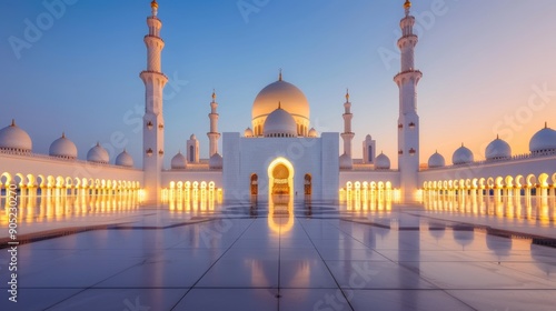 A historic mosque at dusk, its architectural beauty highlighted by colorful neon reflections that accentuate its sacred aura