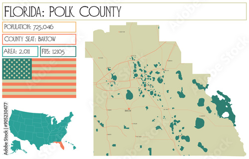 Large and detailed map of Polk County in Florida USA.