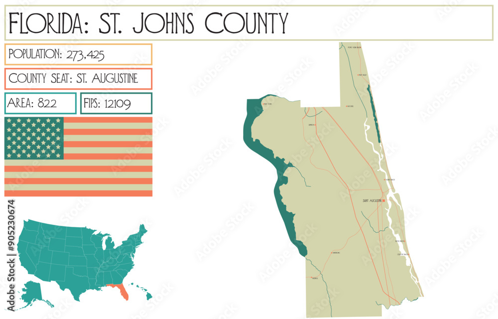 Large and detailed map of St. Johns County in Florida USA. Stock Vector ...